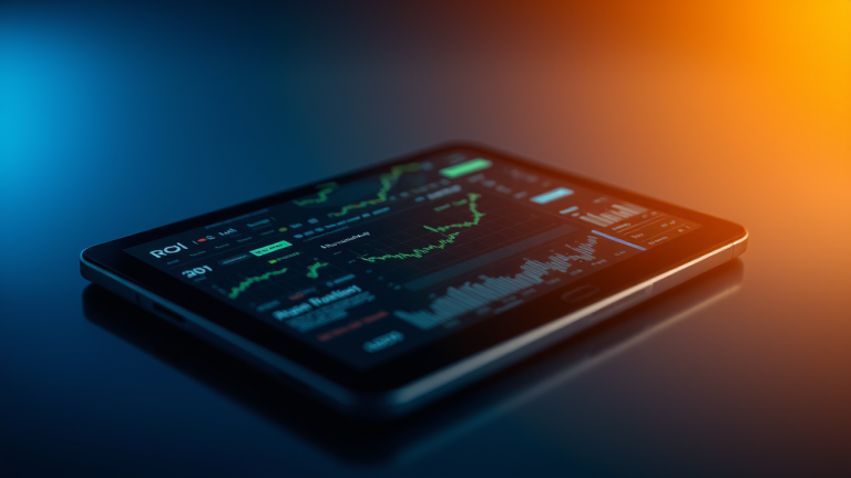 Tela de tablet com notícias econômicas dinâmicas em tempo real, em um fundo azul escuro com luz dourada clara, simbolizando compreensão em meio ao caos