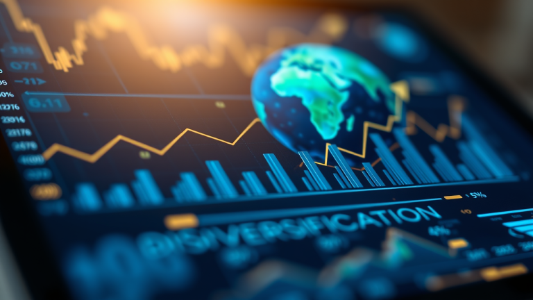 Como montar uma carteira global diversificada Ilustração 3D de uma globe digital com gráficos ascendentes e símbolos de diversificação financeira