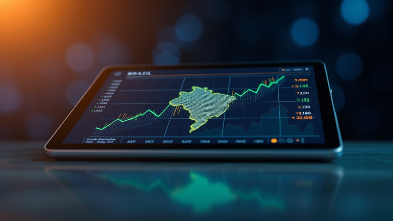 Ilustração futurista de um gráfico em crescimento exponencial sobre uma tela de tablet, simbolizando o crescimento financeiro no Brasil