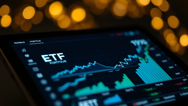 Tela de tablet alta resolução exibindo painel de controle dinâmico de ETF, com gráficos azuis e verdes iluminados, destacando crescimento à longo prazo e acrônimos 'ETF' e 'ROI' em destaque