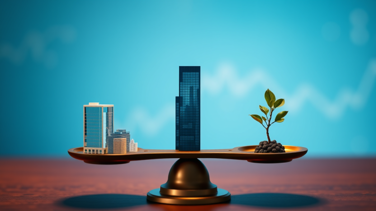 Ilustração 3D de uma balança de equilíbrio financeiro com um edifício de vidro e uma árvore em crescimento, simbolizando o equilíbrio entre investimentos sólidos e crescimento