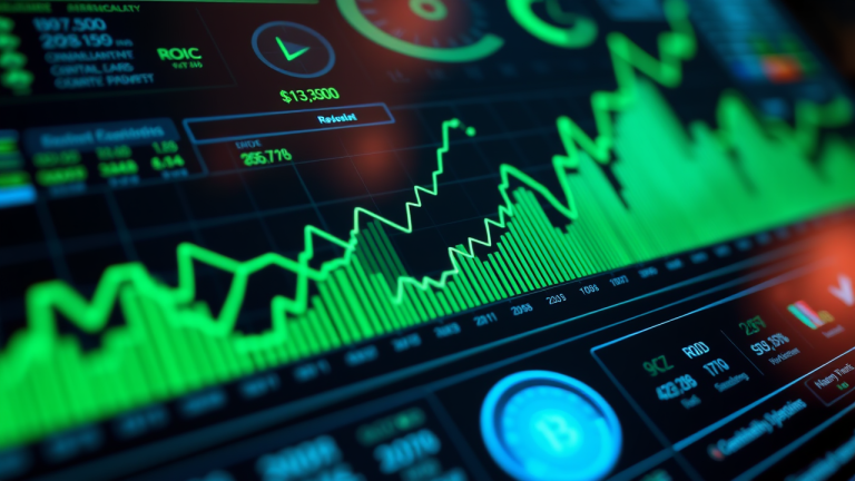 Ilustração futurista de um relatório financeiro em alta resolução com gráficos iluminados, representando crescimento e sucesso de investimentos.