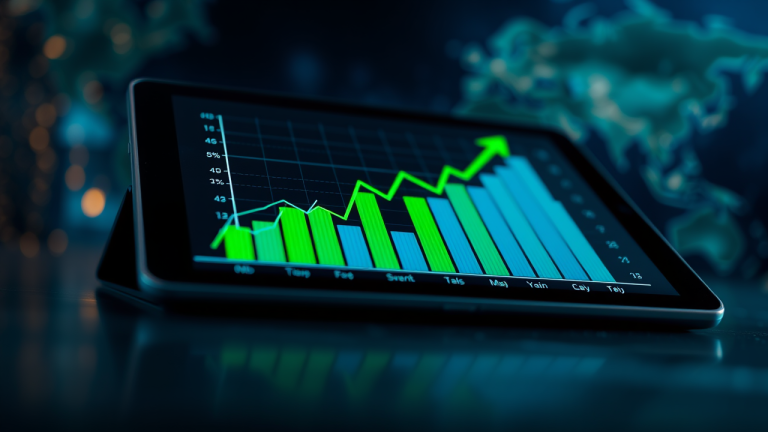Tela de tablet em close-up, exibindo gráfico interativo vibrante em verde e azul, com animações de símbolos de porcentagem e setas para cima, sobre fundo azul escuro desfocado com toques de iluminação dourada, simbolizando crescimento econômico estratégico.