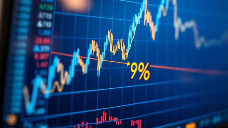 Imagem de alta resolução de uma tela de monitor de negociação, exibindo uma linha de tendência dourada e um símbolo de porcentagem (%) destacado, indicando um sinal de compra ou venda potencial