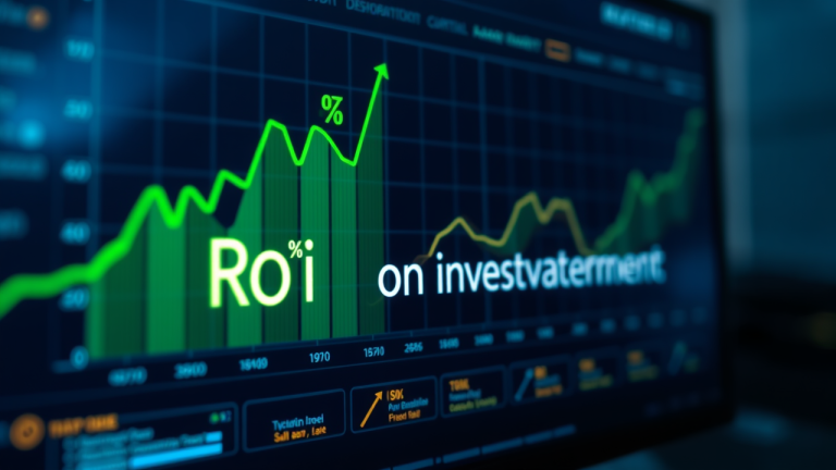 Gráficos de crescimento em alta definição de um painel financeiro em uma tela moderna, mostrando linhas de tendência ascendentes e símbolos de porcentagem (%) que iluminam a tela, cercado por um fundo sombrio e azul com detalhes dourados, evocando sofisticação e perspicácia financeira.