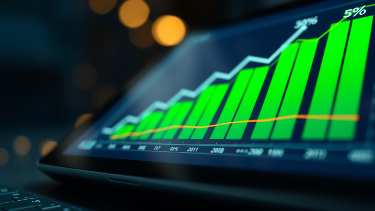 Por que investir em renda fixa ainda faz sentido Árvore financeira digital com tendência ascendente de gráficos de barra e símbolos de porcentagem (%) em fundo azul escuro com toques de ouro.