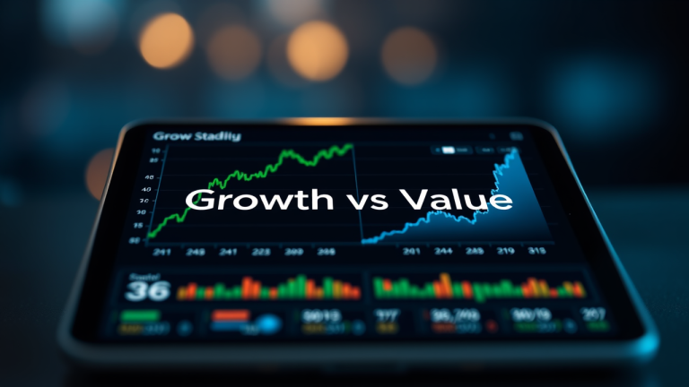 Diferença entre empresas de crescimento e valor Imagem de alta resolução de um painel financeiro em um iPad Pro, mostrando uma comparação em tela dividida de linhas de ação de ações: uma verde ascendente, simbolizando crescimento, e a outra azul estável, representando valor.