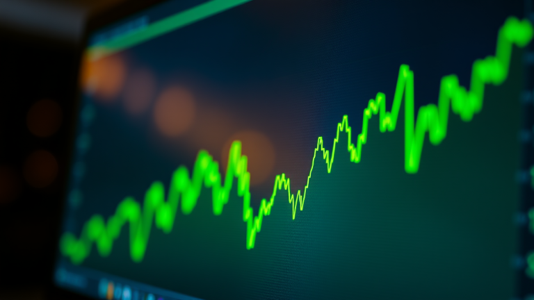 Gráficos em tempo real de linha verde vibrante do índice Bovespa em tela de alta definição, com reflexos de cores da bandeira do Brasil