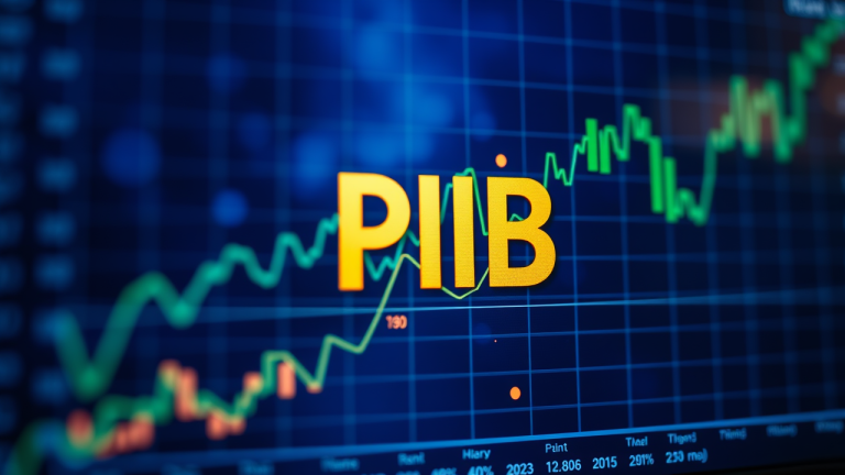 Imagem macro de um monitor de alta resolução exibindo um gráfico dinâmico de crescimento econômico com linhas verdes e azuis, símbolos de porcentagem e a sigla 'PIB' em fonte dourada.