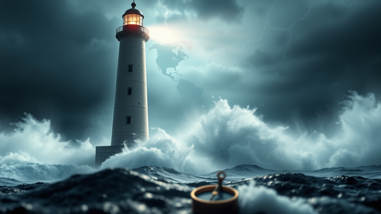 Ilustração de um farol de iluminação guiando através de ondas turbulentas, com elementos de globe, gráficos de mercado e jornais financeiros no fundo