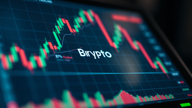 Imagem macro de uma tela de tablet exibindo painel de negociação de criptomoedas com fundo desfocado de gráfico financeiro