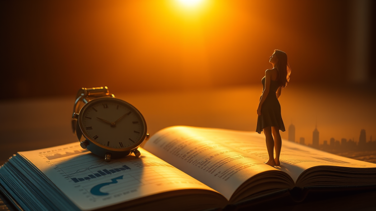 Ilustração de uma chave dourada sobre um livro financeiro com uma figura feminina ao fundo olhando para a liberdade econômica