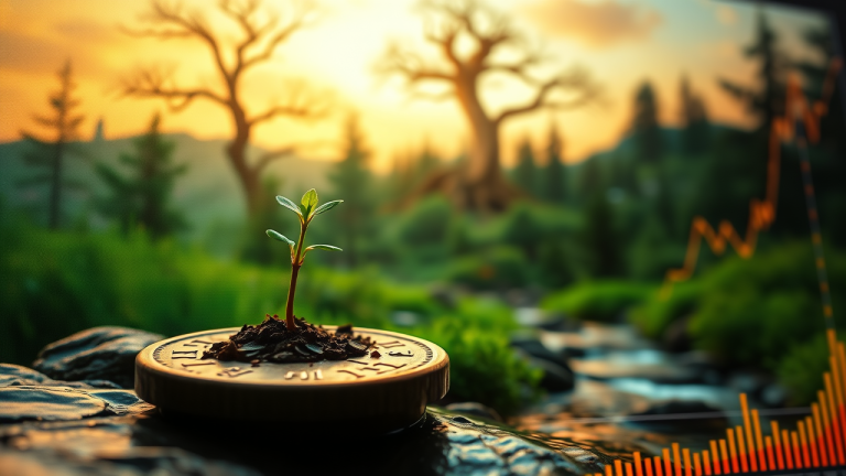 Ilustração surrealista de uma árvore crescendo de uma moeda, simbolizando crescimento financeiro e abundância