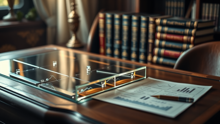 Tabuleiro de xadrez antigo com peças de vidro translúcido e iluminação suave, inspirado no conceito de estratégia financeira