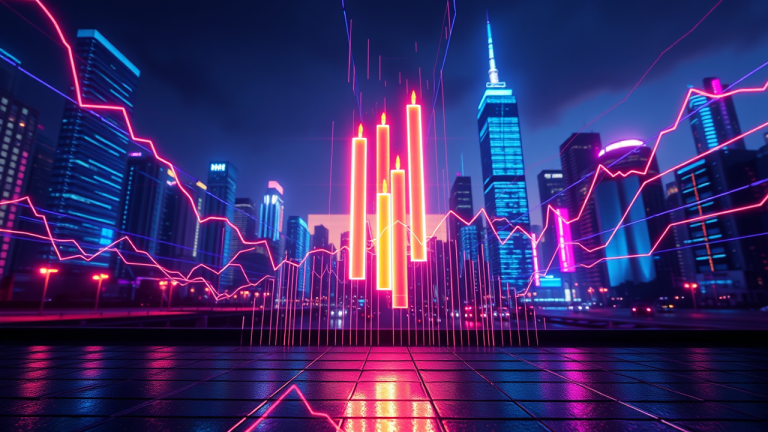 Ilustração 3D futurista de velas de candles digitais se erguendo de uma grade digital, cercadas por uma nuvem de linhas e formas de neon, com um combate de fios de madeira de urso e fios de madeira de urso em segundo plano, em um cenário urbano ao pôr do sol com arranha-céus e luzes de neon refletindo-se na calçada molhada.