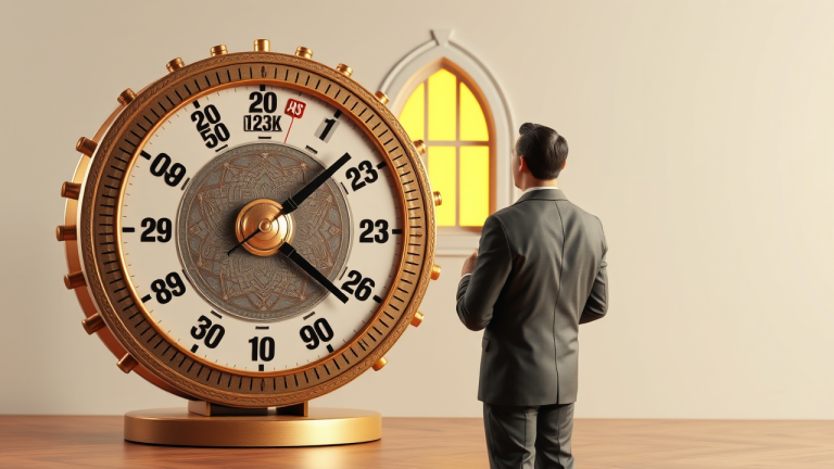 Ilustração 3D de uma roda de engrenagens de relógio girando lentamente, com engrenagens representando taxas de juros e um investidor inteligente observando ao fundo