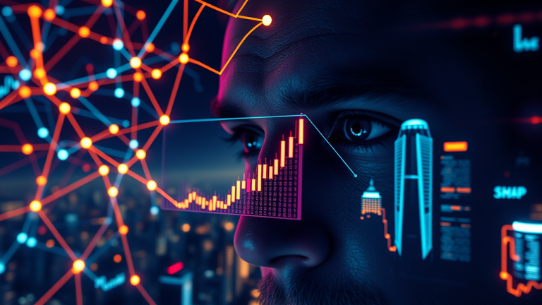 Imagem 3D futurista de uma rede complexa de fios luminosos representando ordens de compra e venda, com bolhas de dados flutuantes e um gráfico de candlesticks em chamas no centro, ao fundo uma cidade futurista e um trader com olhos concentrados.