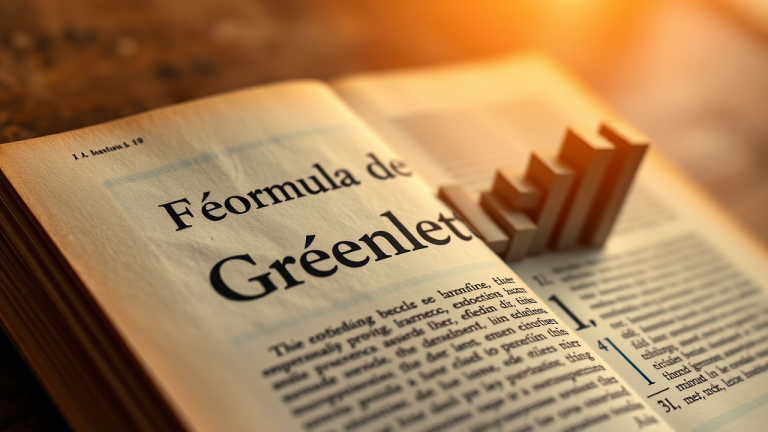 Ilustração de uma lente de aumento sobre uma página de livro antigo, destacando fórmula de Greenblatt, com peças de quebra-cabeça se encaixando em uma imagem de empresa próspera