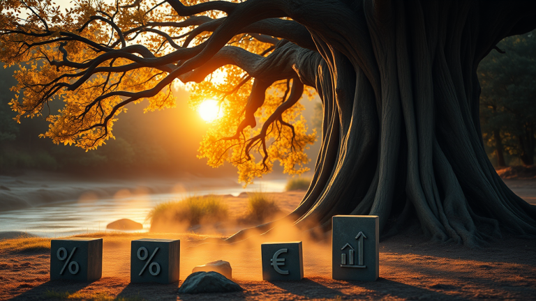 Árvore digital com tronco sólido e raízes profundas, simbolizando estabilidade e crescimento financeiro em meio a um cenário de fluxo constante de rendimentos.