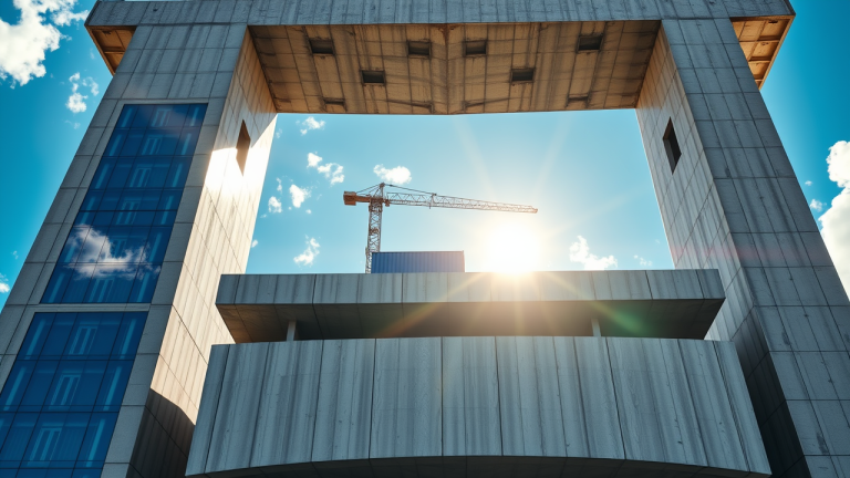 Estrutura de REITs seguros, simbolizada por um edifício de concreto com fachada de vidro, sobre um plano de arquiteto com capacete de construção