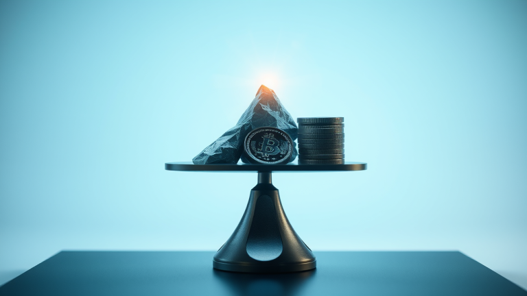 Balança de equilíbrio financeiro com moedas douradas e prateadas em ambiente abstrato