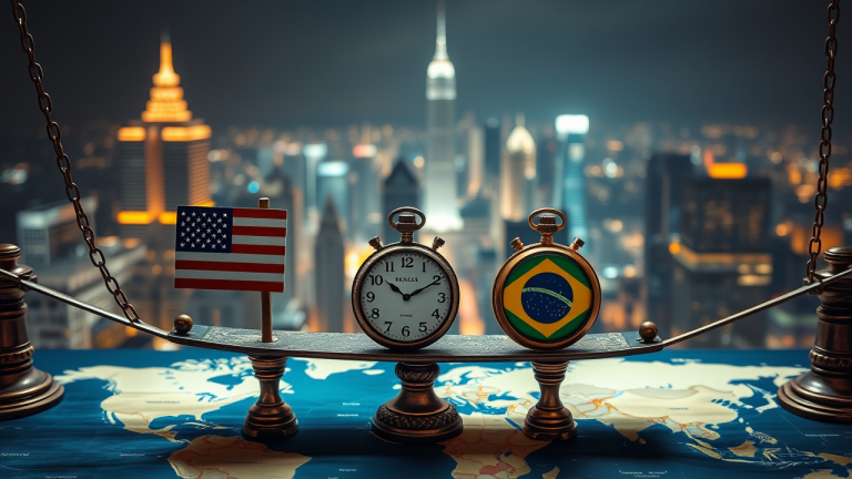 Super Quarta: O impacto das decisões simultâneas do FED e COPOM Balança de bronze antiga equilibrada sobre um mapa-múndi iluminado, com dois relógios de bolso vintage suspensos, cada um com a bandeira de um país, sobre uma cidade global com arranha-céus e edifícios financeiros