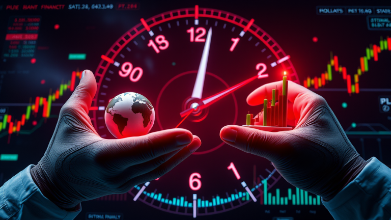 Mini Dólar e Mini Índice: Como funcionam os contratos futuros na prática Ilustração 3D futurista de um relógio analógico segurando um globo terrestre e uma escala, simbolizando a proteção e o controle do mercado financeiro.