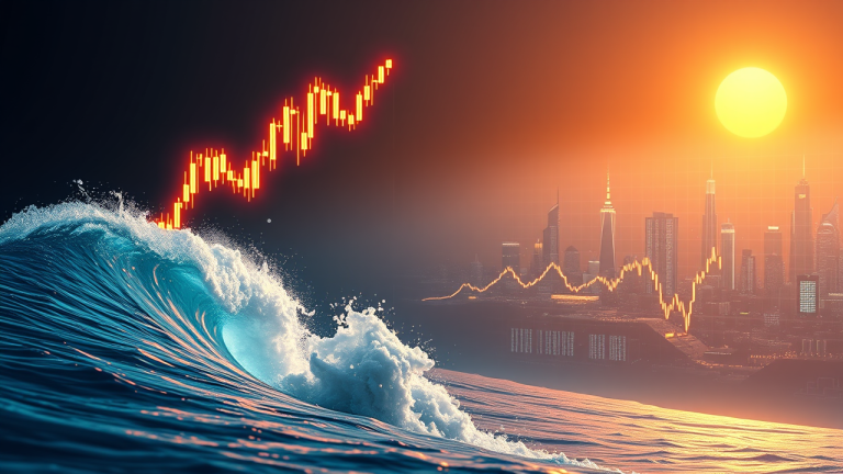 Retração de Fibonacci: Como traçar alvos de correção no gráfico Ilustração 3D futurista de uma onda digital que se quebra em linhas de Fibonacci, conectando-se a uma estrutura de vidro e aço em um cenário cyberpunk com elementos de mercado financeiro