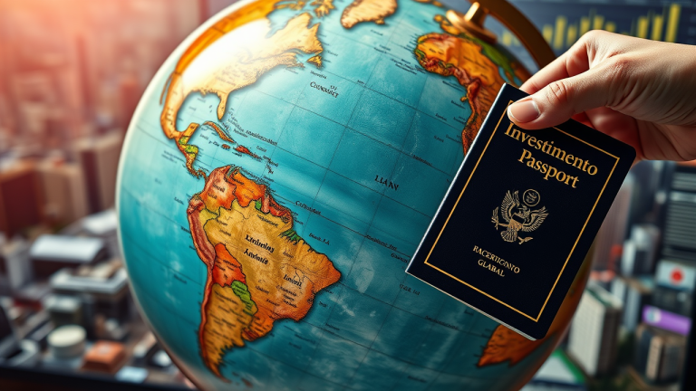 Um globe vintage com um divisor de águas no centro, separando papéis de recebimento de ações e ações individuais, com uma mão segurando um passaporte carimbado com 'Investimento Internacional'