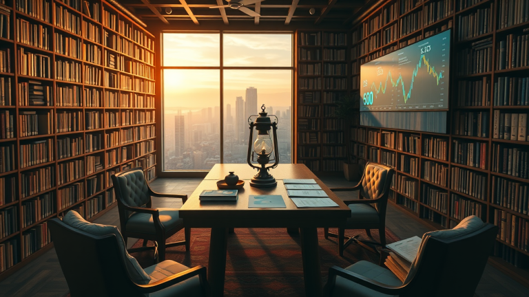 Aluguel de Ações (BTC): Como ganhar renda extra com papéis parados Ilustração de uma biblioteca infinita com livros de ações paradas, mesa de madeira e lanterna acesa, junto com uma vista de uma cidade financeira em constante mudança