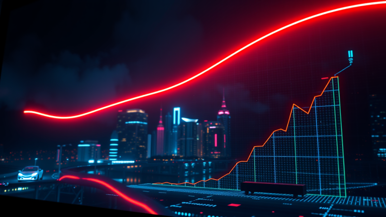 Inversão da Curva de Juros: O indicador clássico de recessão Ilustração futurista de uma curva de juros iluminada por luz neon, com esferas de vidro se inclinando e esvaziando, representando a reversão de uma economia em recessão.
