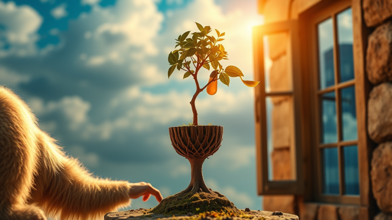 Árvore de crescimento financeiro com raízes em cofre de madeira antiga, simbolizando a importância de distribuição do lucro para investimentos sólidos.