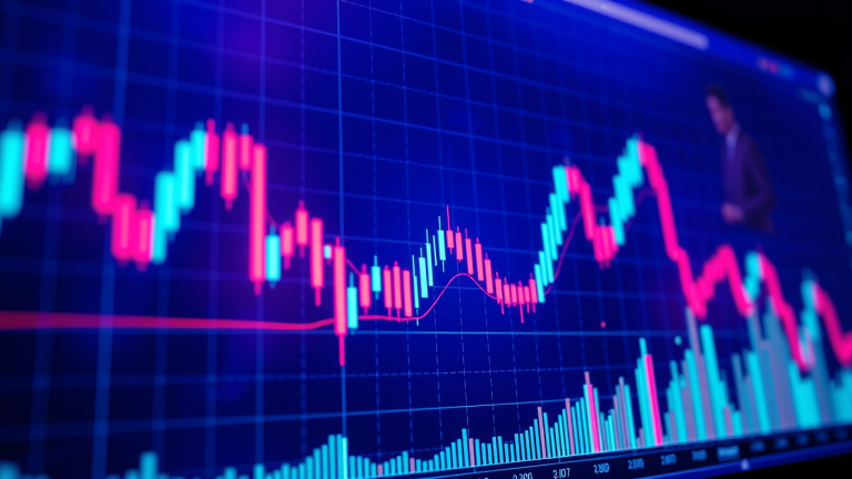 Ilustração futurista de uma grade de candlesticks em um background digital escuro, com uma figura de um trader cercada por uma aura de luz azul e uma linha de tendência destacada.