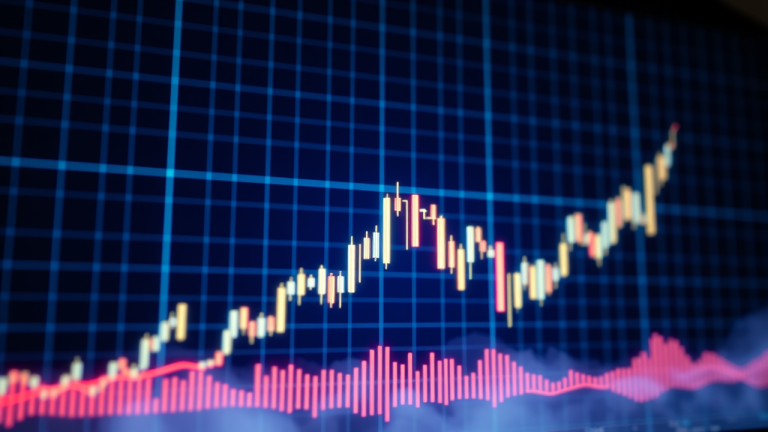 Ilustração futurista de Candlesticks digitalizados em uma grade de suporte e resistência