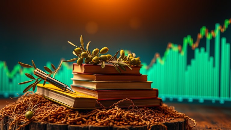Dividend Aristocrats e Dividend Kings: A elite das empresas pagadoras Coroa de ouro sobre livros antigos, cercada por guirlanda de oliveira, simbolizando sabedoria e prosperidade financeira