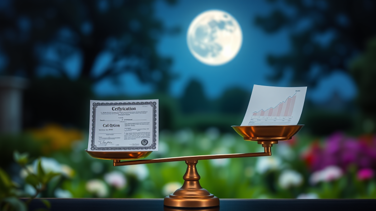 Balança de pesos com certificado de ação e contrato de opção de compra ao fundo, sobre um jardim noturno com gráfico financeiro em 3D.