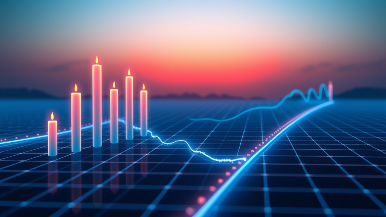 Ilustração 3D futurista de uma curva de juros digital, com velas luminosas suspensoas em uma grade digital