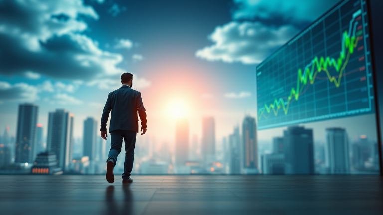 Ilustração de duas figuras caminhando em direção a um horizonte de gráficos de ações, simbolizando o conceito de 'Tag Along' no mercado de ações.