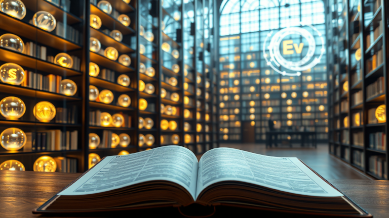 Ilustração 3D futurista de uma biblioteca virtual onde fatores e estratégias de ETFs são representados por órbitas cristalinas