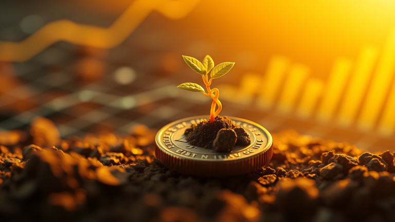 Ilustração de crescimento financeiro com uma planta a partir de uma moeda, simbolizando a potência do crescimento composto