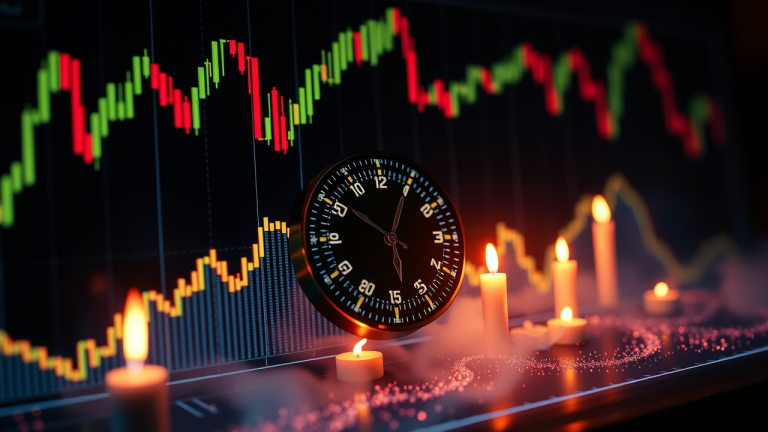 Ilustração futurista de um gráfico de candles com linhas neon e um relógio analógico com agulhas divergentes, simbolizando a antecipação de movimentos de preços.