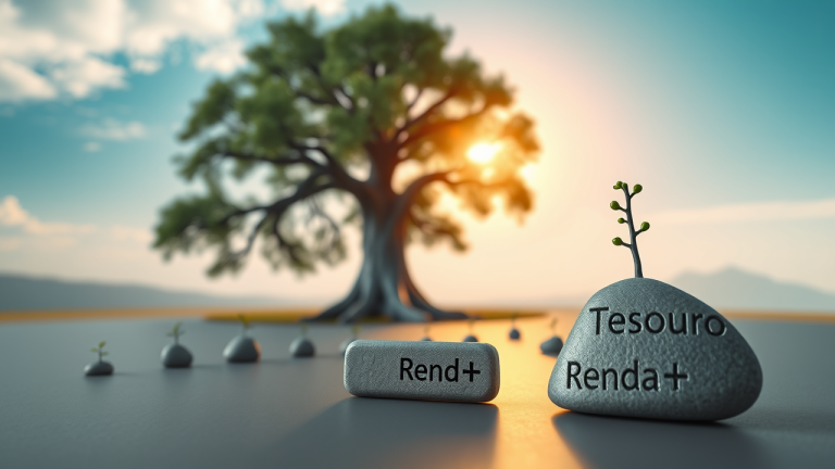 Ilustração 3D futurista de uma árvore digital com sementes de investimentos em crescimento, simbolizando estabilidade e crescimento a longo prazo, ao redor de uma pedra com inscrição 'Tesouro Renda+'.