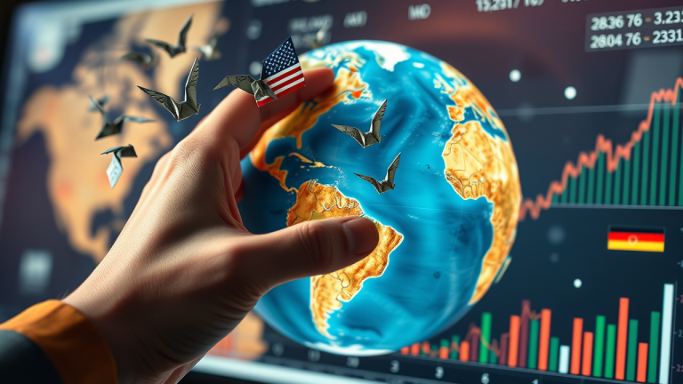 Ilustração 3D futurista de uma mão segurando um globo terrestre com notas de dólar flutuando e sendo sugadas por um funil de impostos.