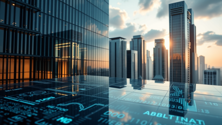 Arquitetura futurista de edifícios com ativos tokenizados em blockchain