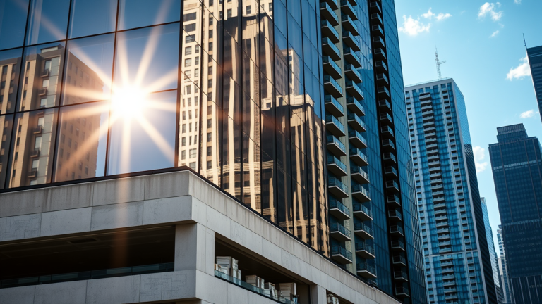 Vacância Física vs. Vacância Financeira em FIIs: Qual a diferença? Edifício de vidro moderno com detalhes arquitetônicos visíveis, refletindo a vida urbana vibrante e contrastando com um arranha-céu lotado