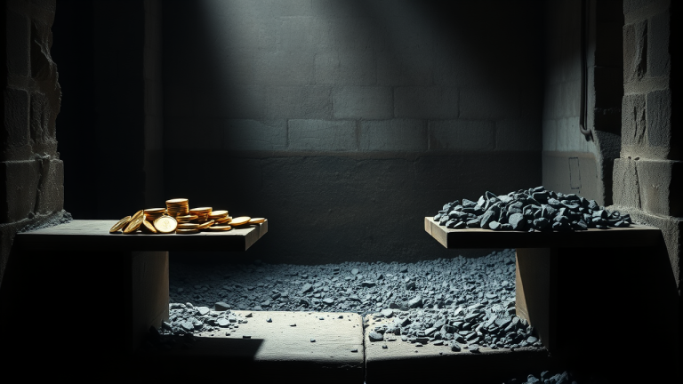 Balança antiga com moedas de ouro e pedras escuras, simbolizando a tensão entre ganhos e perdas financeiras.