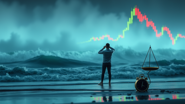 Ilustração de ondas financeiras turbulentas com investidor observando gráfico de candlesticks em chamas