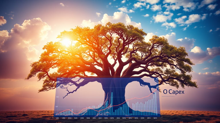 Árvore digital com raízes do Capex e Opex, representando a gestão financeira.