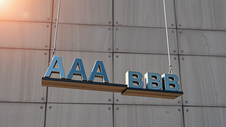 Escala de pesos com blocos de metal 'AAA' e 'BBB' sobre uma parede de concreto refletindo a solidez financeira.