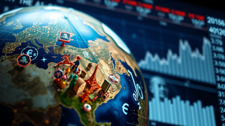 Investindo na Ásia e Europa: Fugindo da dependência exclusiva do dólar Ilustração 3D futurista de uma esfera terrestre antiga conectada a ícones financeiros globais, representando a diversificação de investimentos.